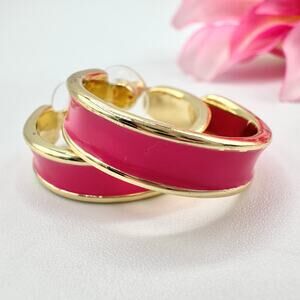 RJG Graziano Hot Pink Enamel Hoop Earrings Gold Tone Classic Flirty Summer Chic